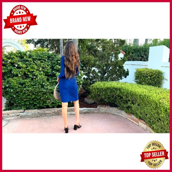 Glitter Party Dress V Neck Long Sleeve Faux Wrap Ruched Bodycon Sparkly - Picture 6 of 7